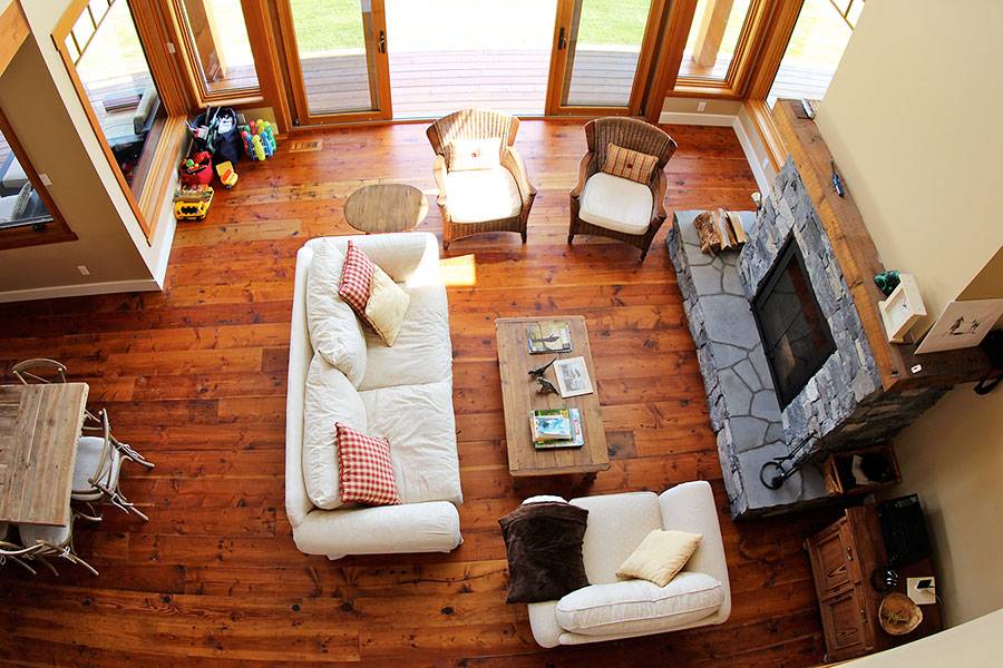 View looking down on a living room in a custom home built by Mettler Construction Ltd in Merritt BC